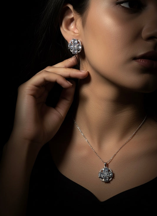 Brilliant Cubic Zirconia Flower Cluster Necklace and Stud Earrings Set