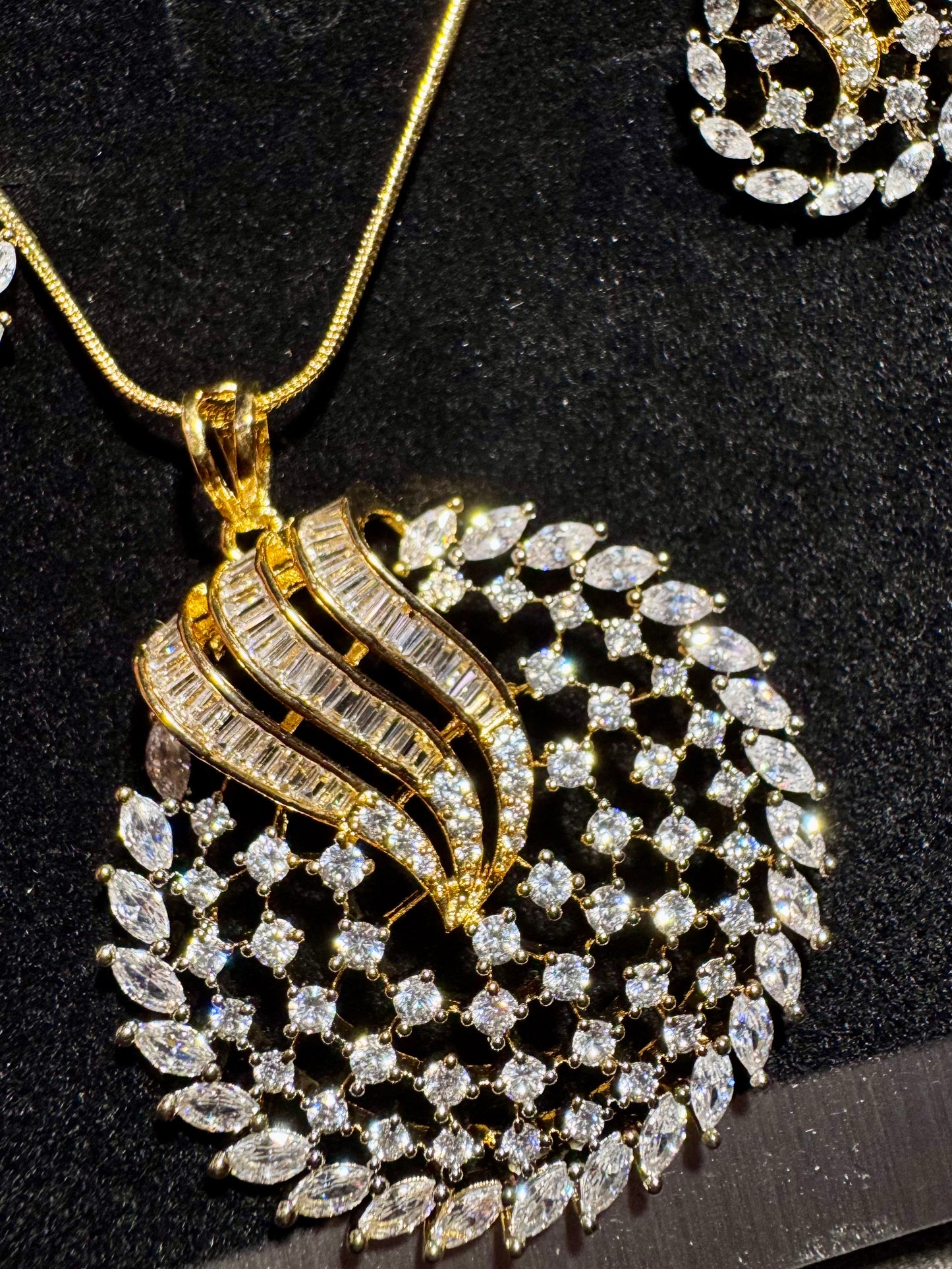 Golden Swirl Statement Pendant and Stud Earring Set | Marquise and Baguette Cut Crystals