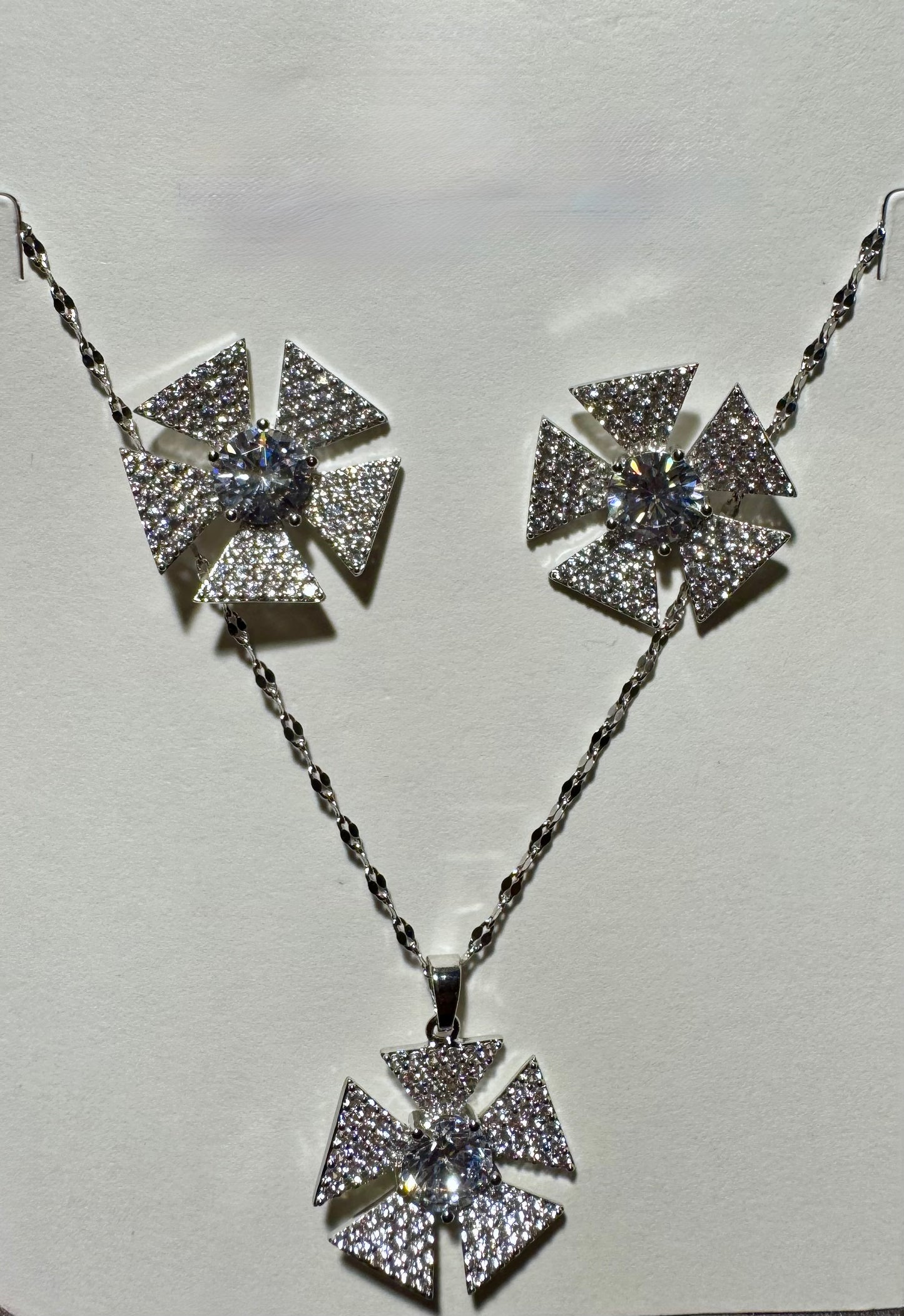 Geometric Sparkle Crystal Necklace and Stud Earring Set | Starburst Statement Jewelry