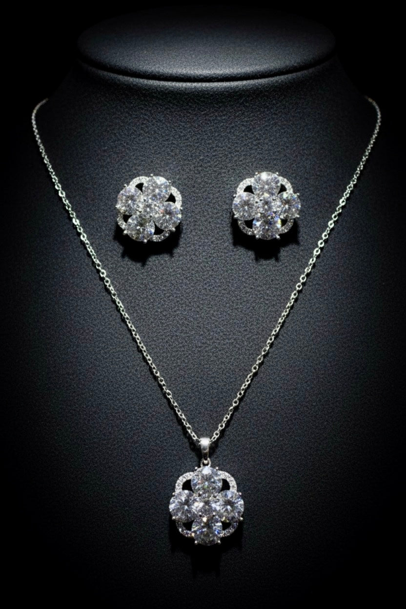 Brilliant Cubic Zirconia Flower Cluster Necklace and Stud Earrings Set