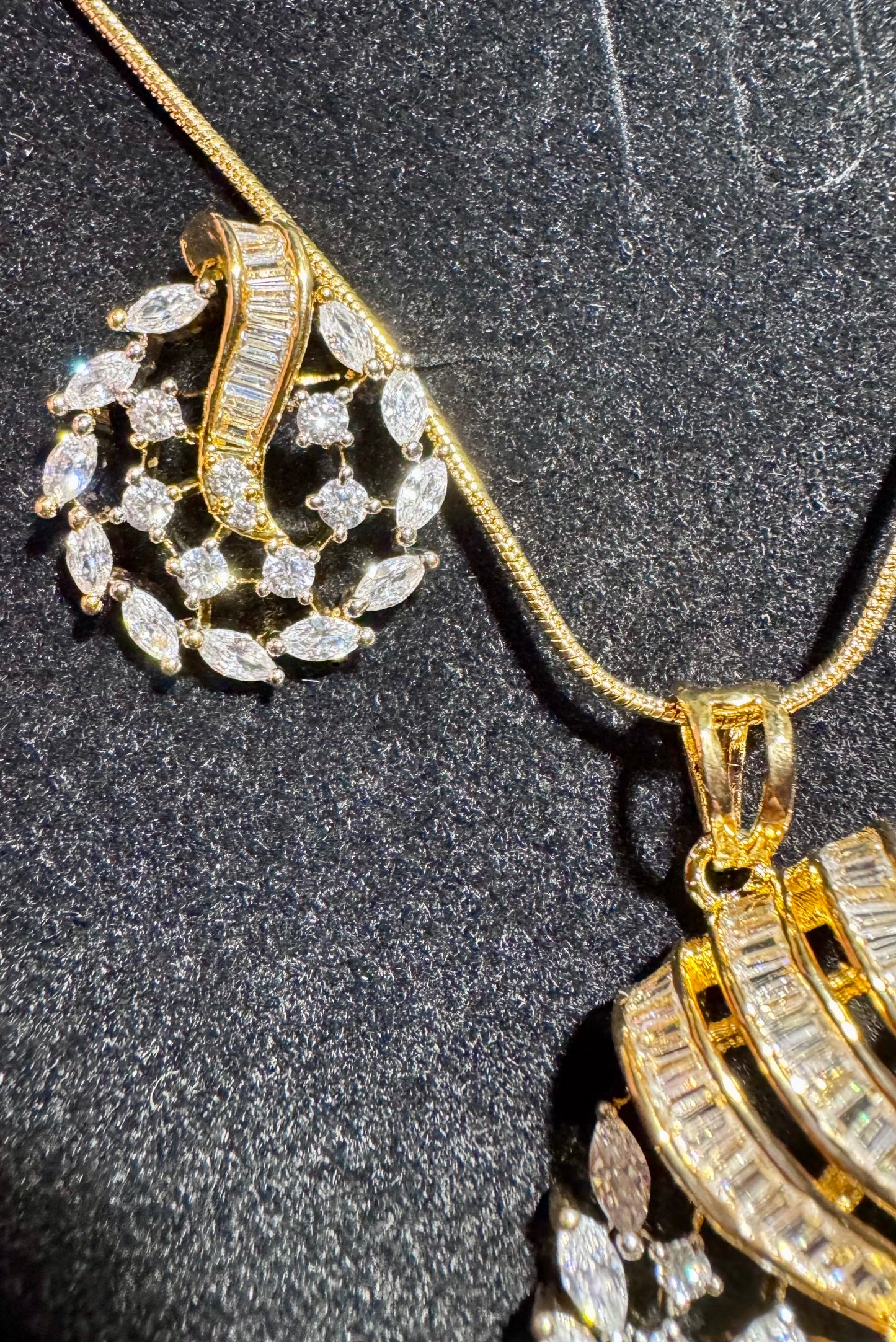 Golden Swirl Statement Pendant and Stud Earring Set | Marquise and Baguette Cut Crystals