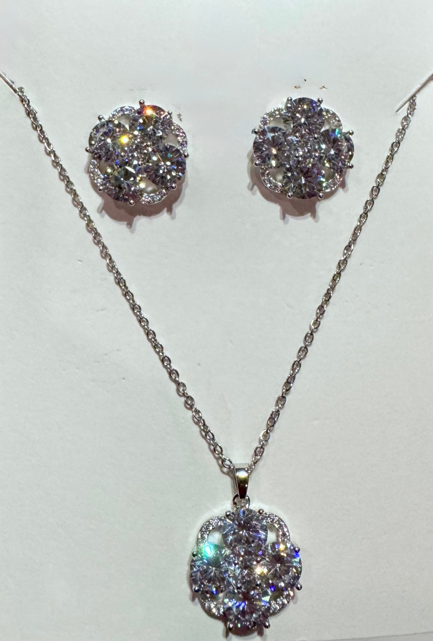 Brilliant Cubic Zirconia Flower Cluster Necklace and Stud Earrings Set
