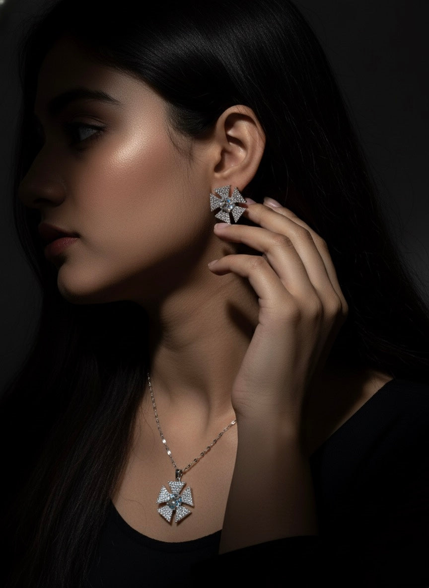 Geometric Sparkle Crystal Necklace and Stud Earring Set | Starburst Statement Jewelry