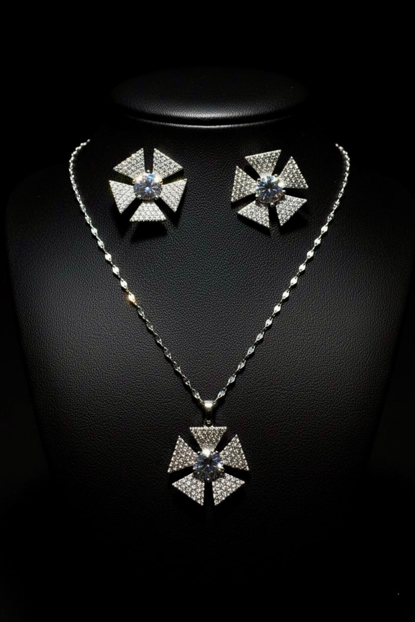 Geometric Sparkle Crystal Necklace and Stud Earring Set | Starburst Statement Jewelry