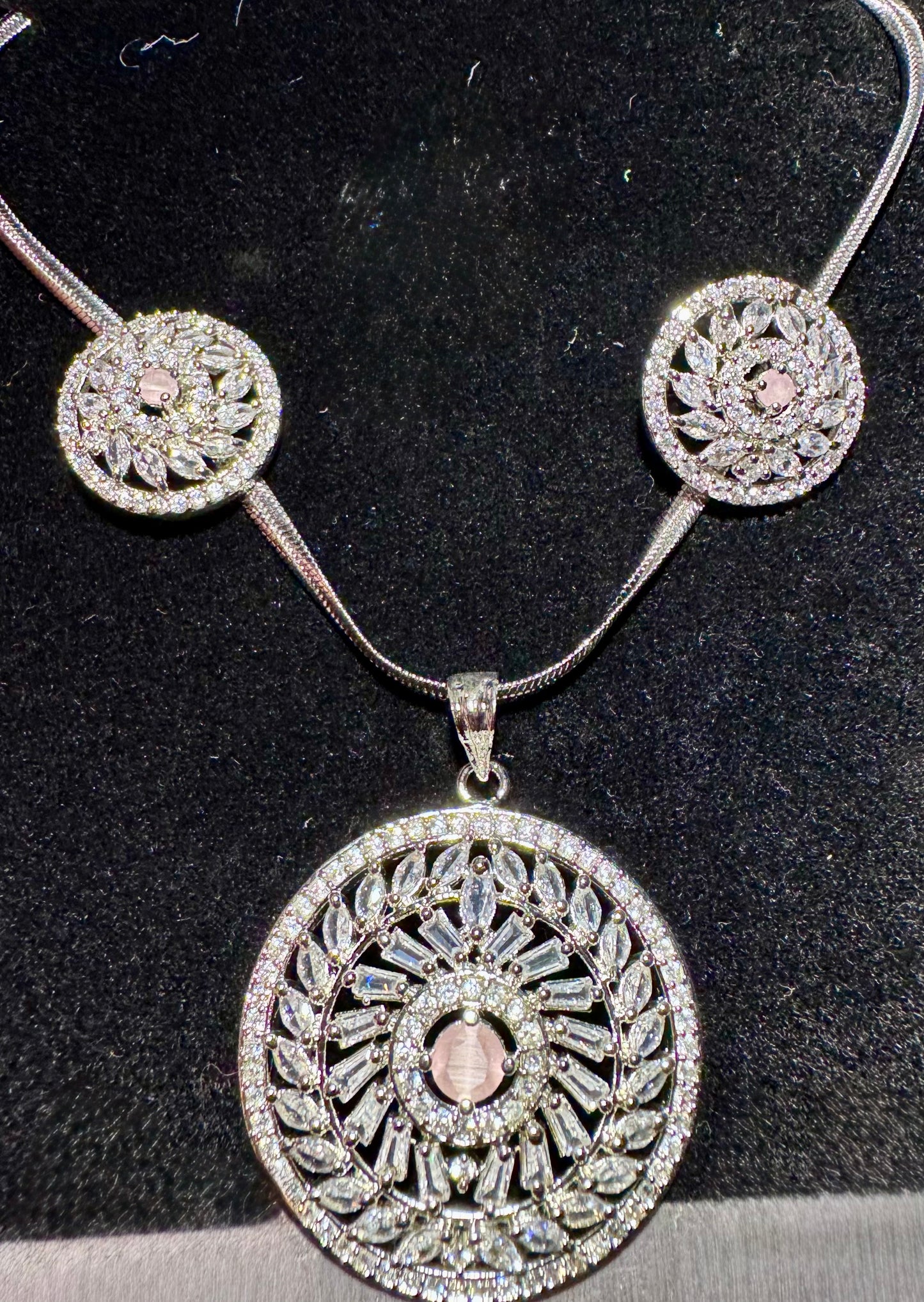 Regal Mandala/Wreath Pendant Necklace with Pink Center Stone and Side Accents