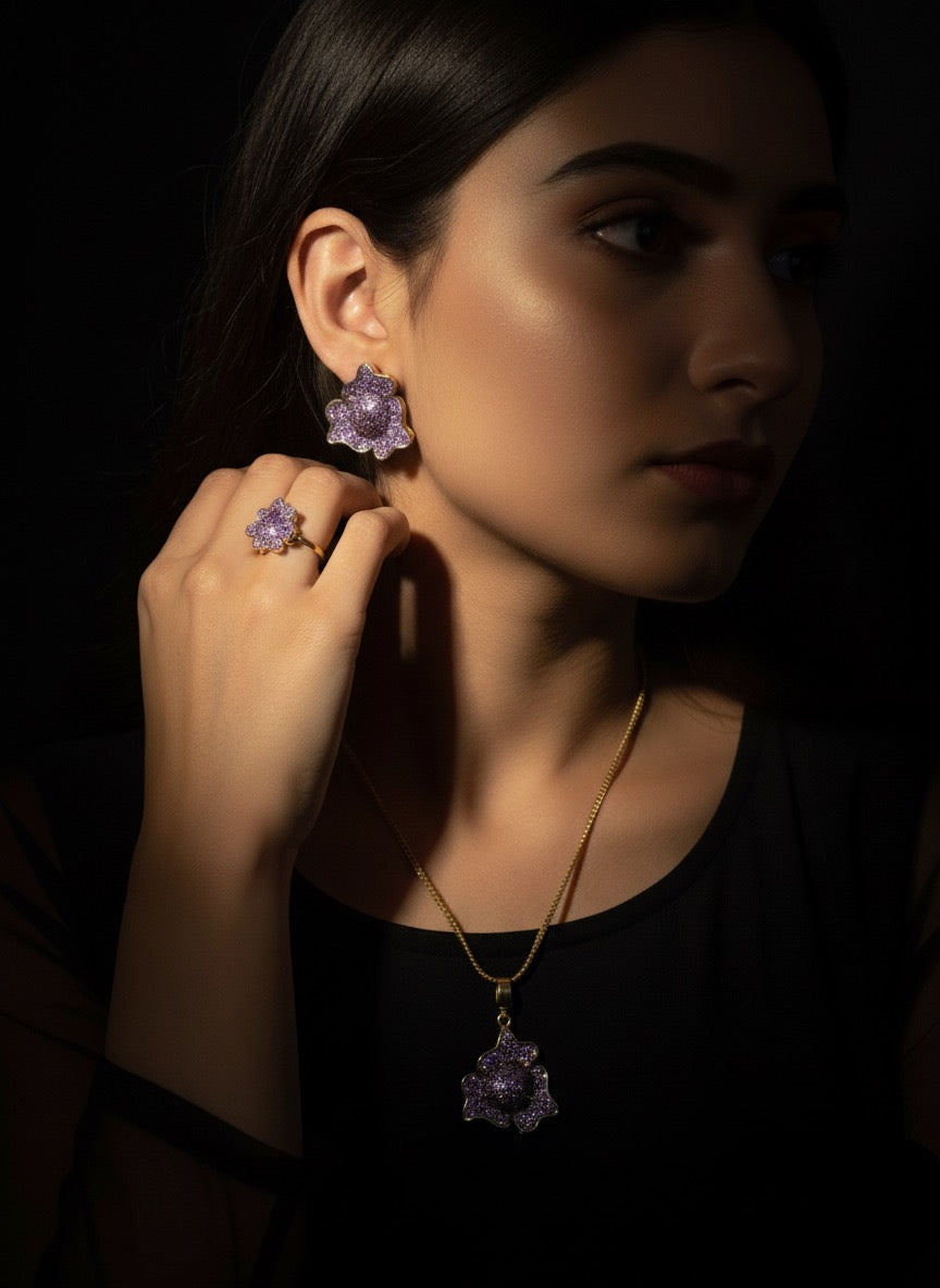 Enchanted Amethyst Bloom Jewelry Set | Purple Flower Pendant, Earrings, and Ring