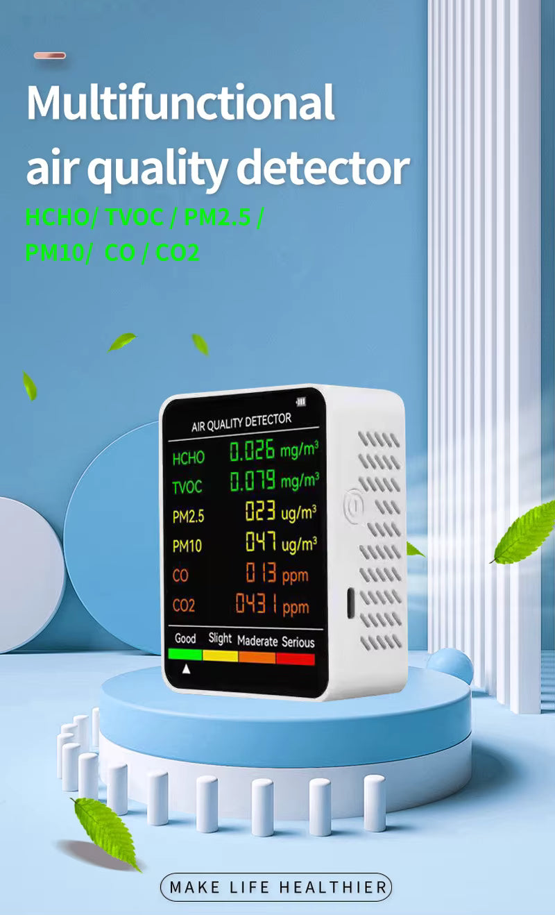 6 in 1 PM2.5 PM10 HCHO TVOC CO2 CO Air Quality Detector CO2 Formaldehyde Monitor Home Office Gas Analyzersr