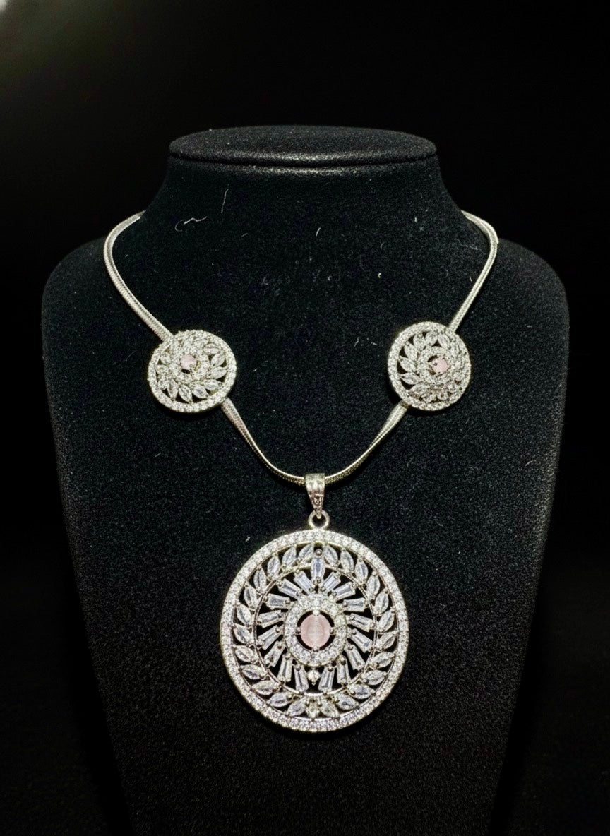 Regal Mandala/Wreath Pendant Necklace with Pink Center Stone and Side Accents