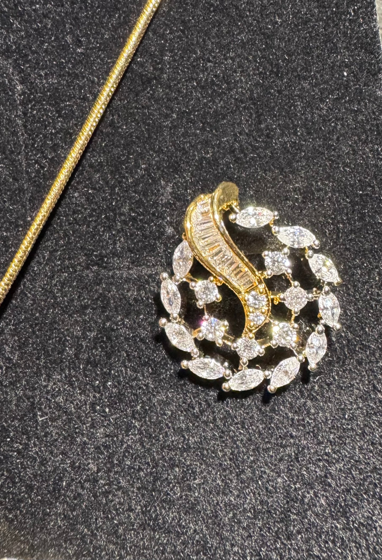 Golden Swirl Statement Pendant and Stud Earring Set | Marquise and Baguette Cut Crystals