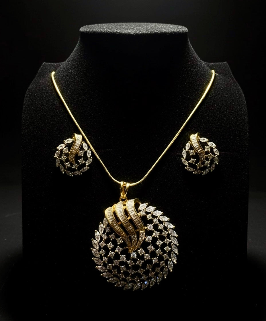 Golden Swirl Statement Pendant and Stud Earring Set | Marquise and Baguette Cut Crystals