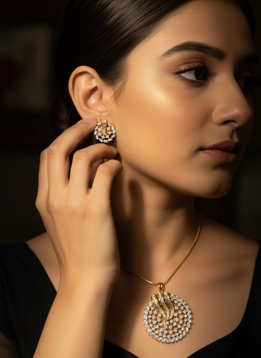Golden Swirl Statement Pendant and Stud Earring Set | Marquise and Baguette Cut Crystals