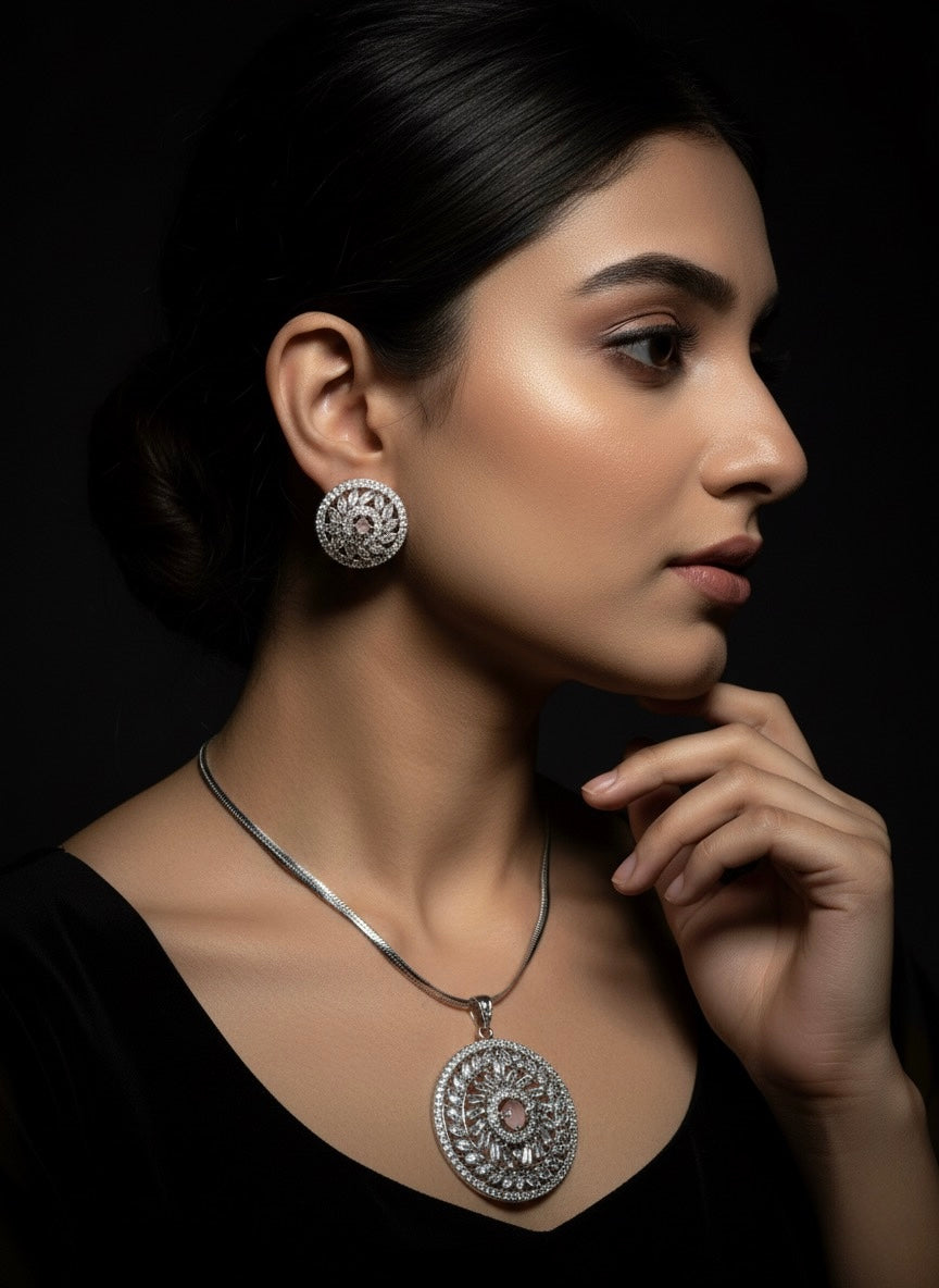 Regal Mandala/Wreath Pendant Necklace with Pink Center Stone and Side Accents