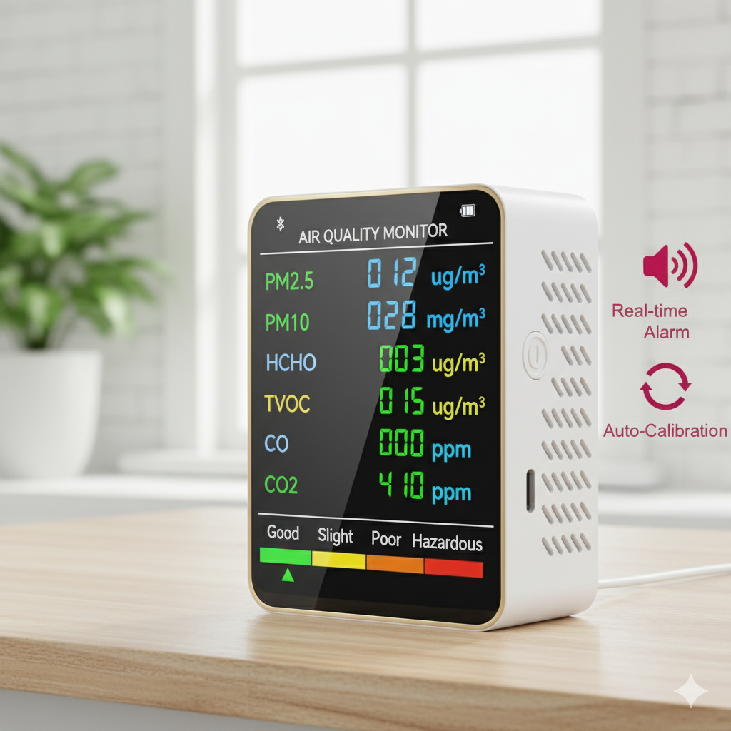 6 in 1 PM2.5 PM10 HCHO TVOC CO2 CO Air Quality Detector CO2 Formaldehyde Monitor Home Office Gas Analyzersr