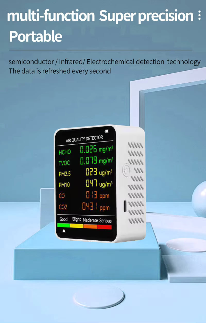 6 in 1 PM2.5 PM10 HCHO TVOC CO2 CO Air Quality Detector CO2 Formaldehyde Monitor Home Office Gas Analyzersr